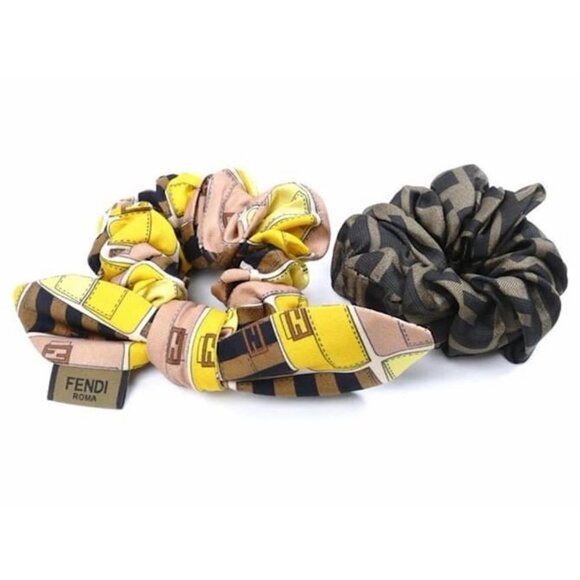NWT Fendi Silk Zucca Ribbon Motif Hair Scrunchies Brown Yellow main image 4